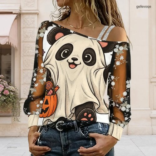 Top Donna Asimmetrico Spalle Scoperte Maniche Lunghe Trasparenti - Blusa Carina Stampa Fantasma Panda Zucca Floreale