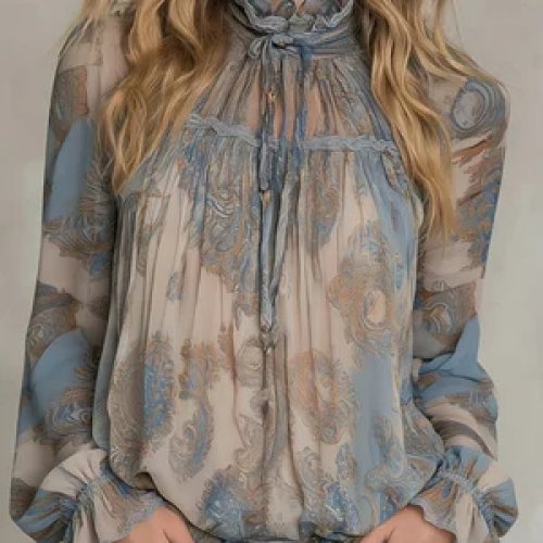 2026 Spring New Retro Paisley Chiffon Blouse – Ruffled Stand Collar, Tie Flared Sleeves, Sheer, Plus Size Women's Work & Vacation Top