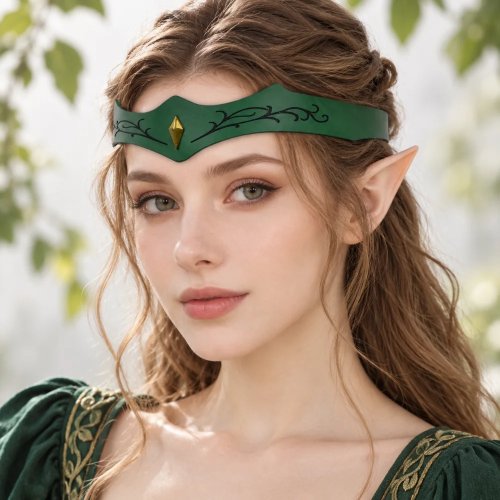 Băng đô Elf bằng da PU phong cách cổ điển cho nữ – Phụ kiện cosplay tiên nữ rừng thời trung cổ với dây leo và đá quý, nâu/xanh
