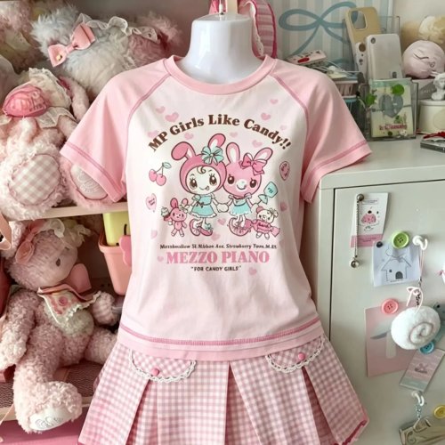Conjunto 2 Piezas Kawaii Rosa Estampado Caricatura – Camiseta Manga Corta Y2K y Falda Mini Encaje, Outfit Callejero Lindo