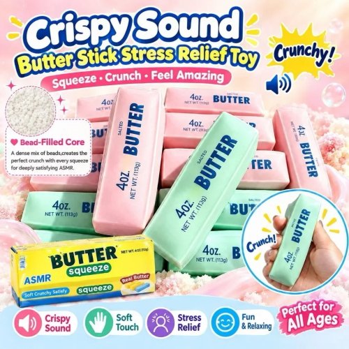 Giocattolo antistress fidget squishy bastoncino di burro, palla da schiacciare ASMR croccante, blocchi rotondi riempiti, regalo relax per le mani