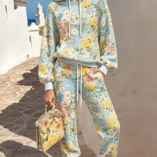 Damen 2-teiliges Set mit romantischem Blumenmuster, Kapuzenpullover mit Kordelzug und Jogginghose mit elastischem Bund