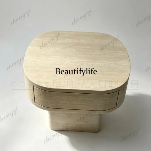 Buro de travertino natural estilo wabi-sabi, gabinete lateral premium con almacenamiento para recámara