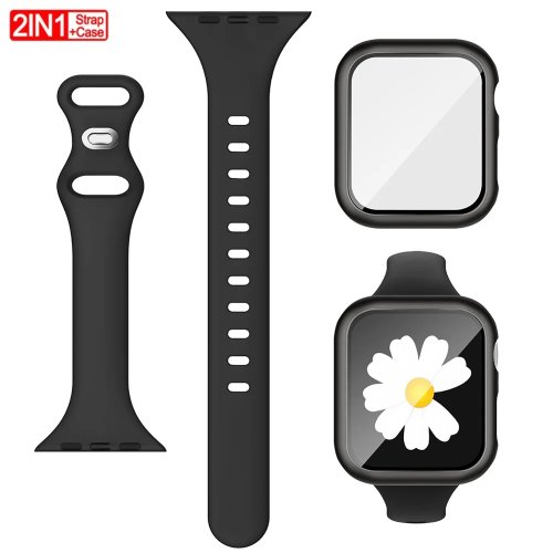 سوار رياضي رفيع + زجاج حماية + حافظة لساعة Apple Watch 44/40/45/41/38/42 ملم، سوار سيليكون لـ iWatch Series 8 9 7 6 5 4 3 SE