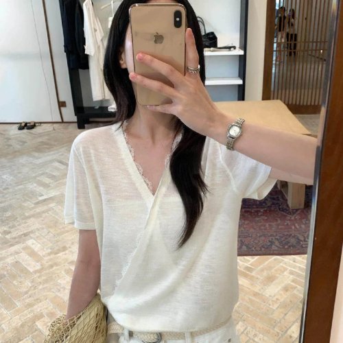 Women's French White Lace Cross V-Neck Short Sleeve T-Shirt - Luxury Elegant Summer Lightweight Casual Top