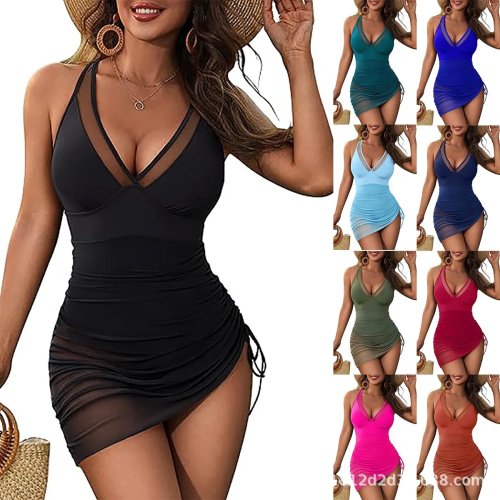 Women's Sleeveless Solid Color Quick-Dry High-Stretch Skirted Tankini Swimsuit with Ruched Waist and Side Tie