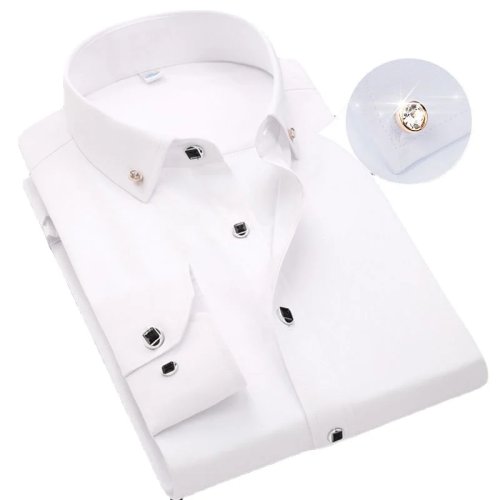 Chemise Homme Manches Longues Casual Formelle Business Uni Bleu Blanc Coupe Slim Style Coréen Sans Poche