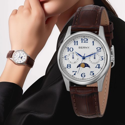 Montre femme BERNY de luxe, quartz style vintage, facile à lire, phase de lune et calendrier, montre habillée et business