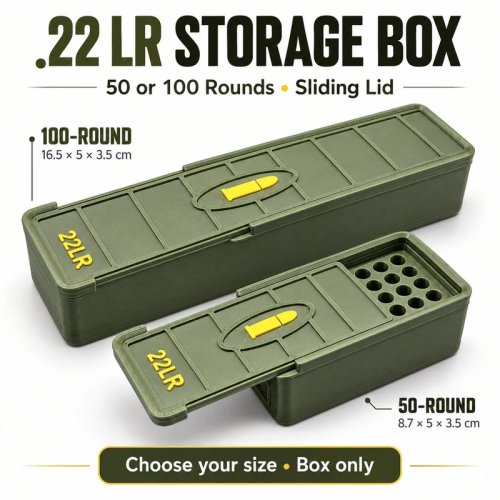 .22 LR 弾薬収納ケース 50/100発 スライド蓋 個別スロット付き 狩猟用