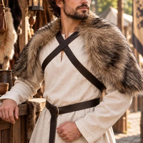 Halloween Medieval Faux Fur Shoulder Cape – Viking Warrior Shawl, Ren Faire Cosplay Fur Collar Cloak with Adjustable Chest Strap