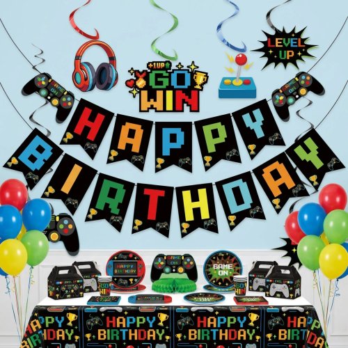 Kit de Decoración para Cumpleaños de Videojuegos – Banner Gamer, Espirales Colgantes y Panal – Fiesta para Niños y Niñas