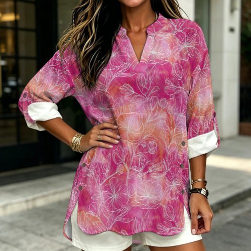 PENSTROLL Blusa de Manga Larga para Mujer Cuello V, Estampado Floral Degradado Rosa, Tipo Lino, Corte Holgado, Tallas S-5XL