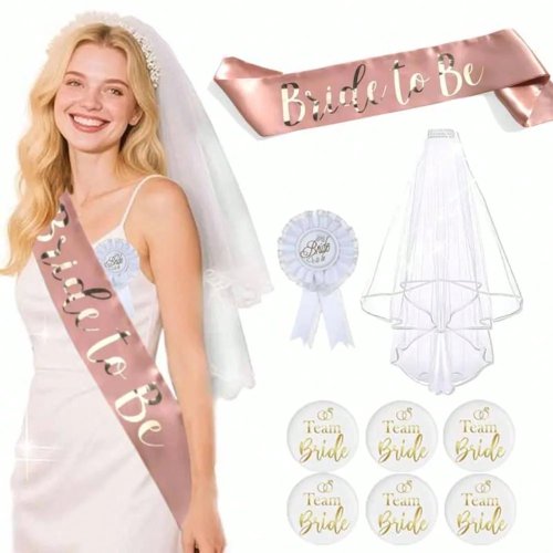 Bride Squad Anstecker & Satin-Schärpe Haarreif Set 2/3/6/9 Stk. – Junggesellinnenabschied Partyzubehör, Braut-Anstecker