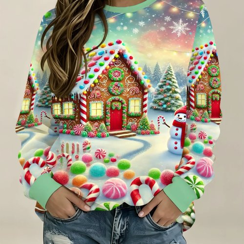 Women's Crew Neck Christmas Sweatshirt Gingerbread House Candy Print Holiday Pullover Casual Fall Top