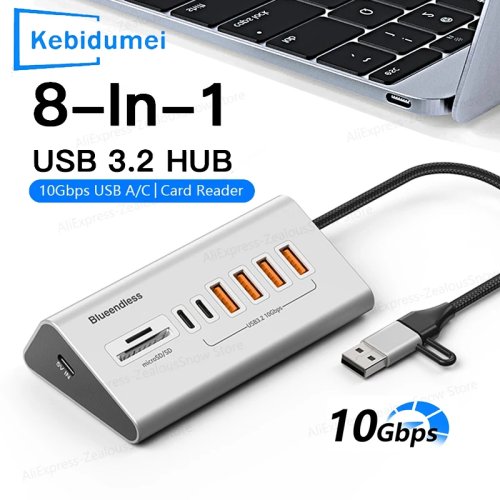 USB 3.2 dockingstation met meerdere poorten, 7/8-poorts 10Gbps hub, Type-C splitter, aluminium adapter met SD/TF-kaartlezer voor pc en laptop