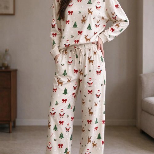 Damen Pyjama-Set aus Baumwoll-Imitat - Khaki Weihnachts-Print Lebkuchenmann Tanne Schleife, Rundhals Langarm 2-teilig Schlafanzug & Loungeanzug