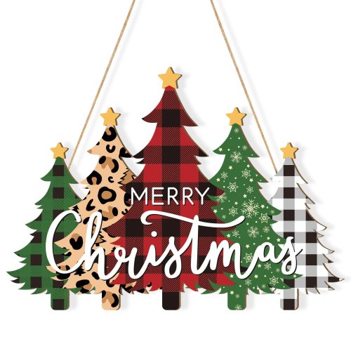 Adorno navideño colgante de madera con letrero Merry Christmas, diseño plaid y leopardo, decoración para pared y puerta, regalo