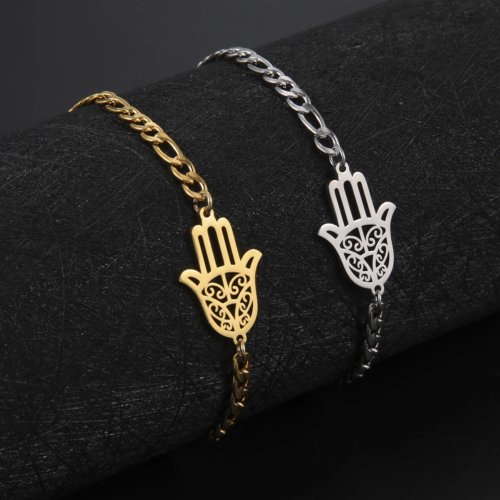 Hamsa Hand of Fatima Bracelet – Gold Color Stainless Steel Lucky Amulet Jewelry Gift for Women