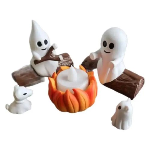 Halloween Ghost Campfire Resin Figurine Cute Ghosts Sitting by Fire Candle Holder Home Desktop Decoration Party Ornaments