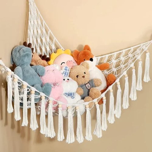 Hamaca de almacenamiento para peluches de esquina, red de macramé con borlas, colgante boho para peluches, decoración de pared para habitación infantil