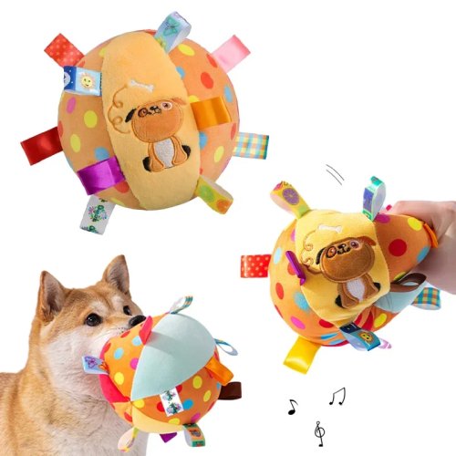 よく噛む犬向けインタラクティブボールおもちゃ – 噛み応えのあるトレーニング玩具、ぬいぐるみハンドルとベル付き