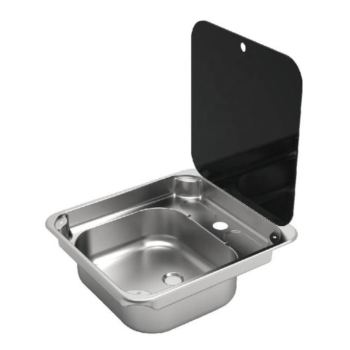 Évier en acier inoxydable avec couvercle en verre trempé et robinet d'eau pour camping-car, caravane et fourgon aménagé