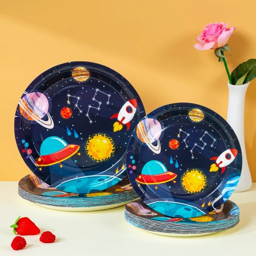 10/25/50 St. Pappteller Sonnensystem Galaxie Einwegplatten Rakete UFO für Kindergeburtstag im Weltraum-Thema