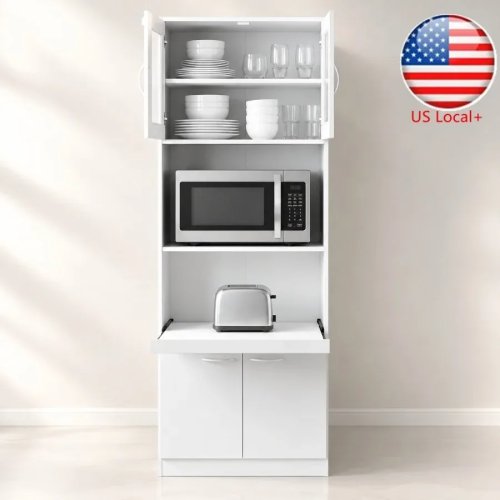 Dispensa per cucina bianca in legno ingegnerizzato con spazio per microonde, ripostiglio alto, design salvaspazio