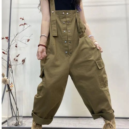 Damen Jumpsuit ärmellos mit Knopfleiste, lockerer Latzhosen-Overall, einfarbig, Herbst 2025