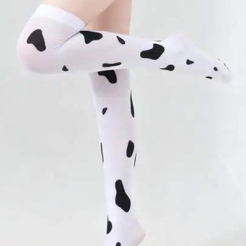 Calze lunghe da donna con motivo mucca e pecora cosplay sopra il ginocchio pois