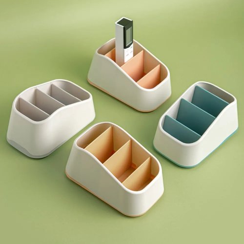 Suporte para Comando 4 Compartimentos Caixa de Armazenamento de Secretária para Comando de TV, Telefone, Organizador de Papelaria - Cesto Trapezoidal para Casa e Hotel