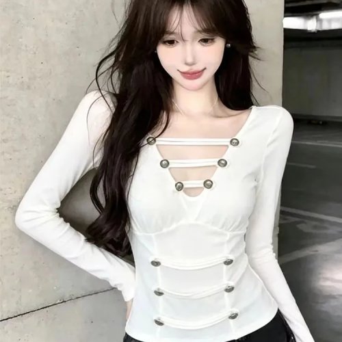 Kaos Basic Wanita Lengan Panjang V-Neck Slim Fit Chic untuk Layer Musim Gugur Dingin