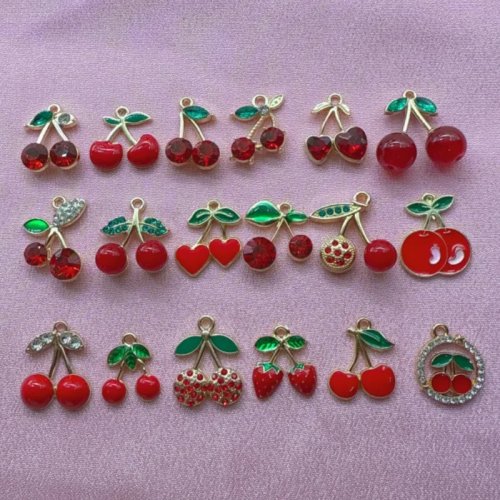12Pcs Red Cherry Keychain Rhinestone Resin Fruit Pendant DIY Bag Charm for Women Car Keys