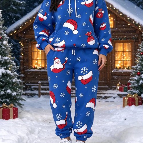 Setelan Tracksuit Wanita 2 Pcs Motif Natal All Over Print – Hoodie + Celana Jogger, Reindeer Gingerbread Santa Snowflake