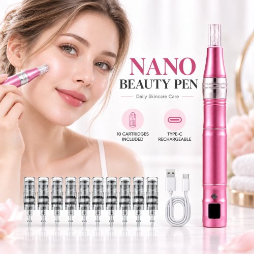 Pluma de belleza Nano Crystal rosa con 10 cabezales intercambiables, herramienta facial recargable de 5 velocidades para casa y viaje
