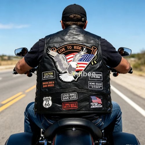 Gilet Biker Vintage avec Patchs Drapeau, Gilet Sans Manches Multi-Patchs pour Moto Chopper/Cruiser