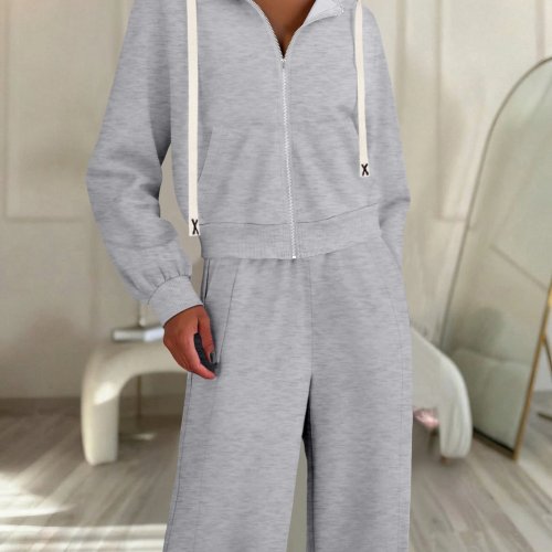 Conjunto de 2 Piezas para Mujer - Sudadera con Capucha y Cierre Corta y Pantalón de Pierna Ancha - Color Sólido Casual Diario