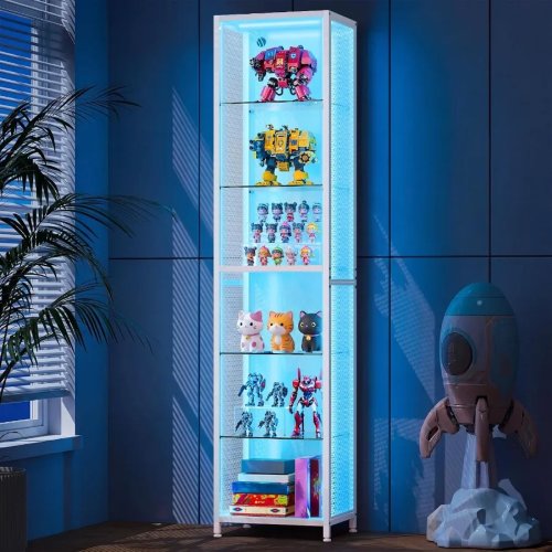 Vitrina de 6 niveles de 180 cm con estantes de cristal y luz RGB, Blanca
