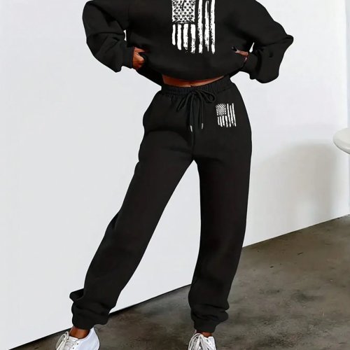 Setelan Olahraga Wanita 2 Piece Hoodie & Jogger Cetak Bendera USA Musim Gugur 2026