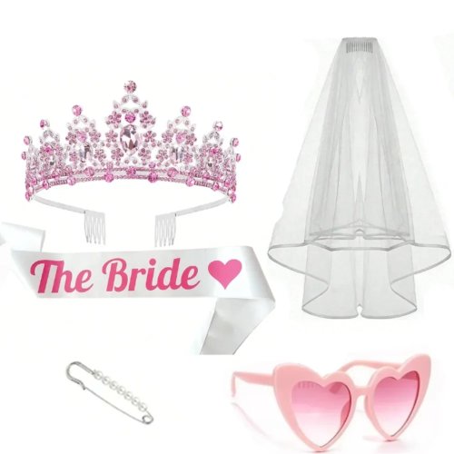 Selempang & Mahkota Kristal Bachelorette Pink, Gelas & Selempang Hati Hot Pink, Dekorasi Bridal Shower (1/2/3/4/5Pcs)