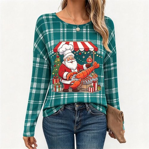 Áo Thun Tay Dài Giáng Sinh Ugly Christmas Nữ Santa Hoạt Hình Sọc Spliced Top Mùa Đông Xmas Thường Ngày Cotton Tiệc Giáng Sinh
