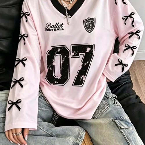 Atasan Wanita Y2K Ballet Football Jersey Lengan Panjang V-Neck Print Angka 07 Pita Oversized Streetwear