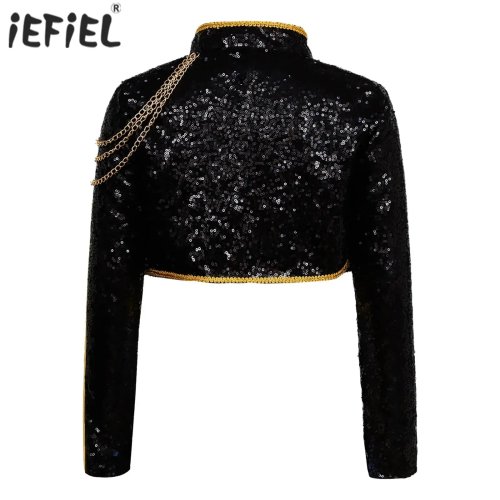 Disfraz de Cosplay de Cantante para Niñas Manga Larga Cuello Alto Detalle Trenzado Chaqueta Brillante con Lentejuelas y Cadenas