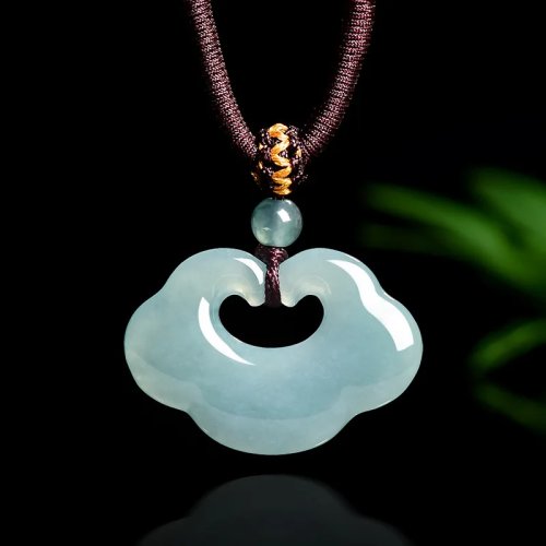 Natural Blue Water Jade Ruyi Pendant Necklace – Carved Auspicious Charm Amulet Jewelry Gift for Men & Women