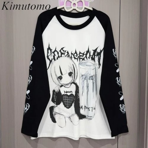 Kimutomo Camiseta Mujer Manga Larga Estampado Caricatura Holgada Punk Grunge Gótico Y2K Harajuku