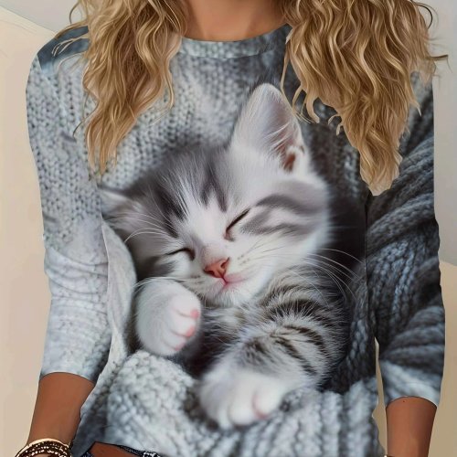 T-shirt a maniche lunghe donna con stampa gattino addormentato su sfondo in maglia, top invernale casual per tempo libero e sport