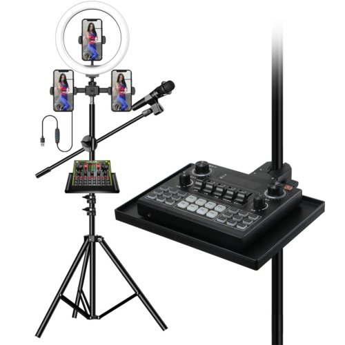 Nampan Kartu Suara dengan Klip HP & Stand Mikrofon untuk Live Streaming - Braket Tripod