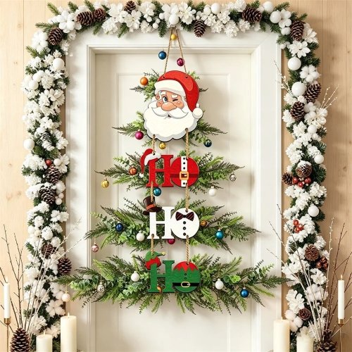 2D Flaches Holz-Weihnachtsschild ohne Batterie, Weihnachtsmann mit Tannenzapfen & Stechpalme, Wanddeko für Veranda & Party