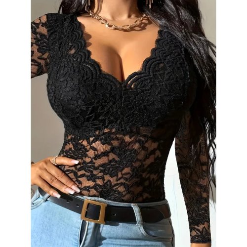 Women's Lace V-Neck Long Sleeve Sheer Mesh Floral Bodycon Jumpsuit for Party Clubwear Daily Wear