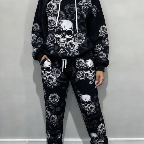 Fato de treino com capuz para mulher Halloween estampado caveira e rosas, conjunto gótico